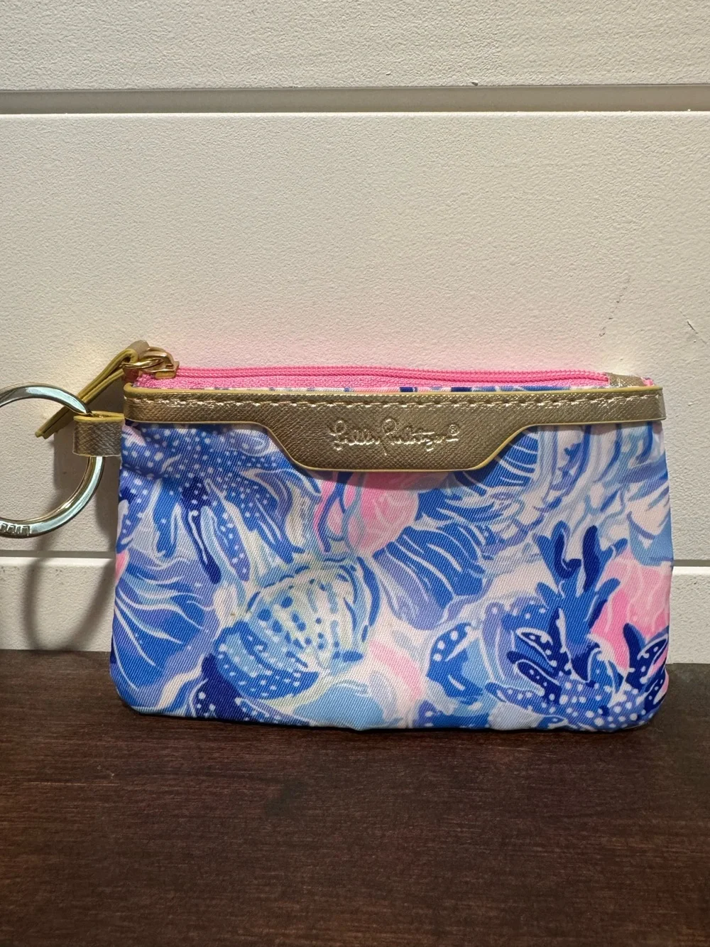 Lilly Pulitzer Blue Pink Floral Key & Card Holder with Gold Trim